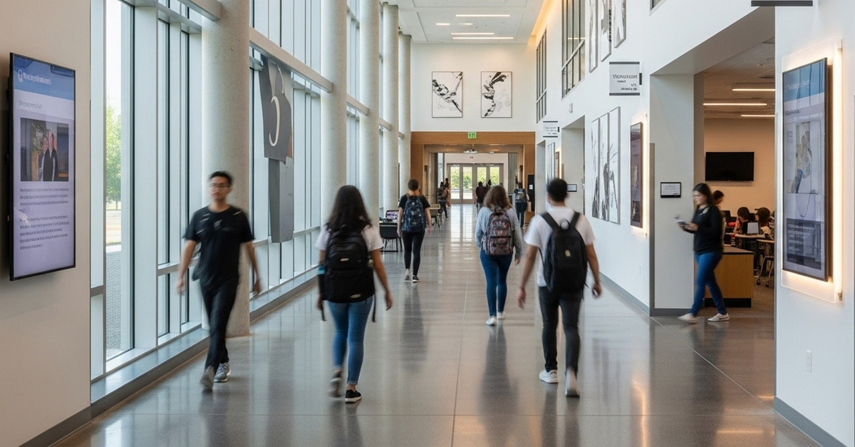 Elever rör sig i en ljus skolbyggnad med öppna ytor och korridor
