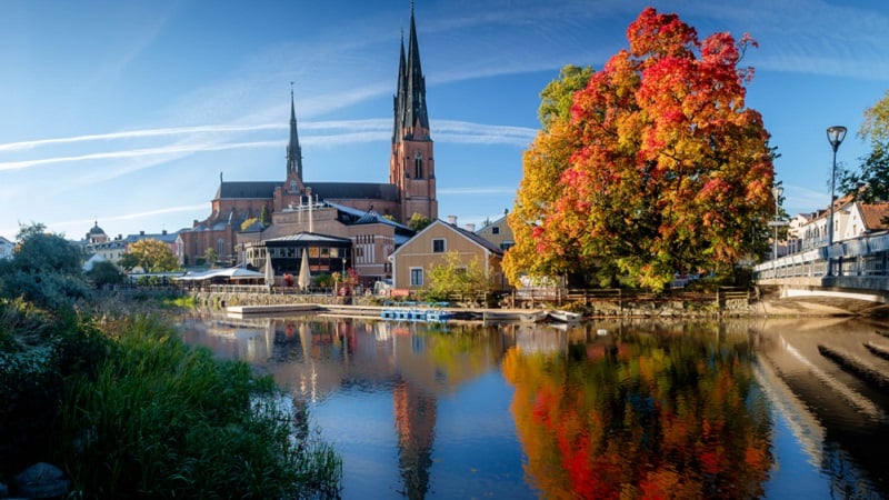 Exterior of Uppsala Domkyrka with water in front.